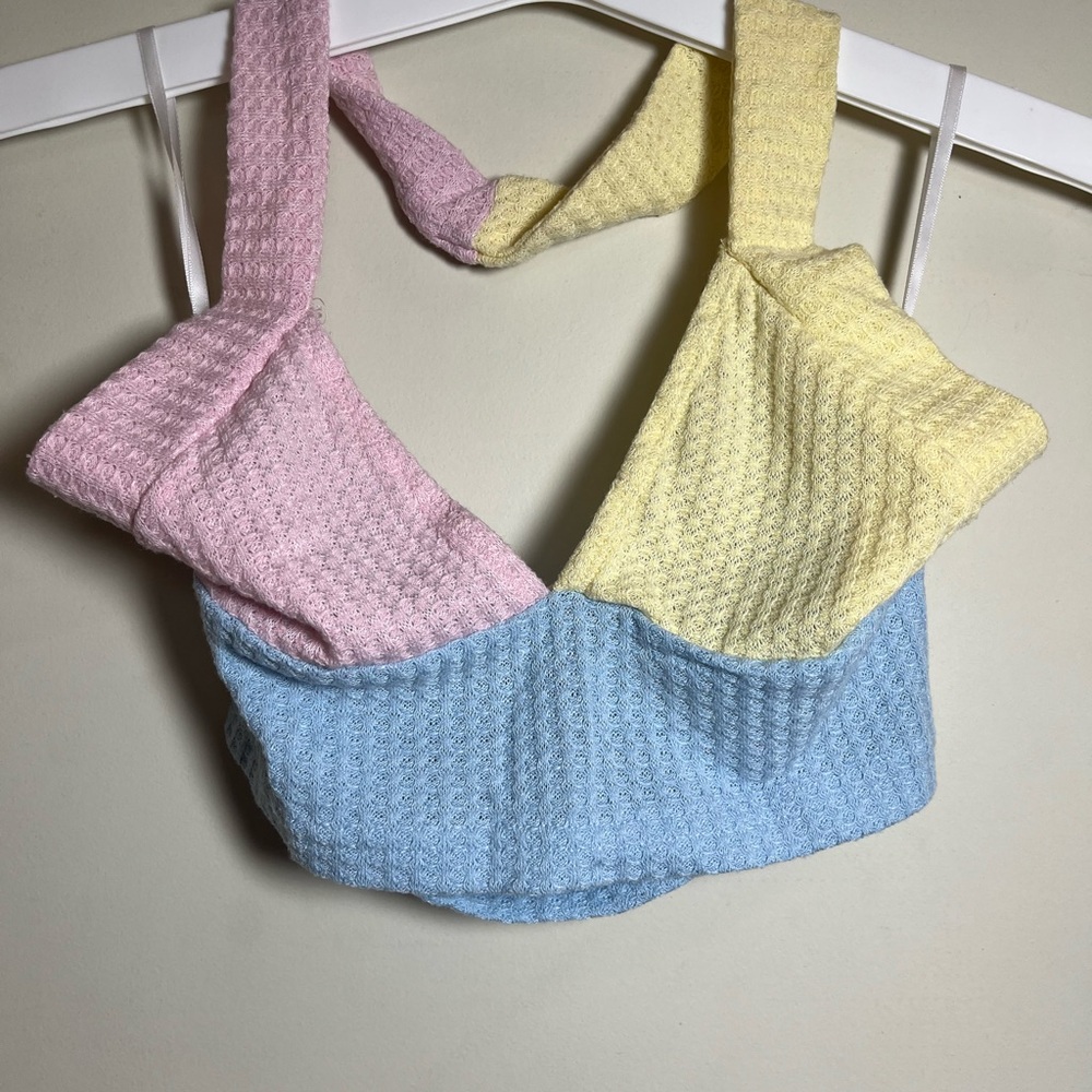 Pastel Colorblock Waffle Knit Crop Top - Pink Yellow Blue